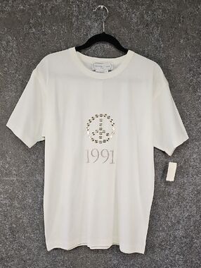 Vtg 90s Adrienne Vittadini Studded Peace Sign 1991 Tee, White, Size Med, NEW